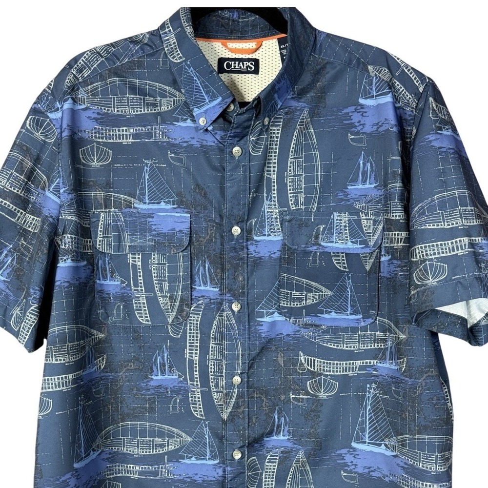 CHAPS Nautical Boat Blueprint UPF+ Easy Dry Short Sleeve Button Down Shirt | XL